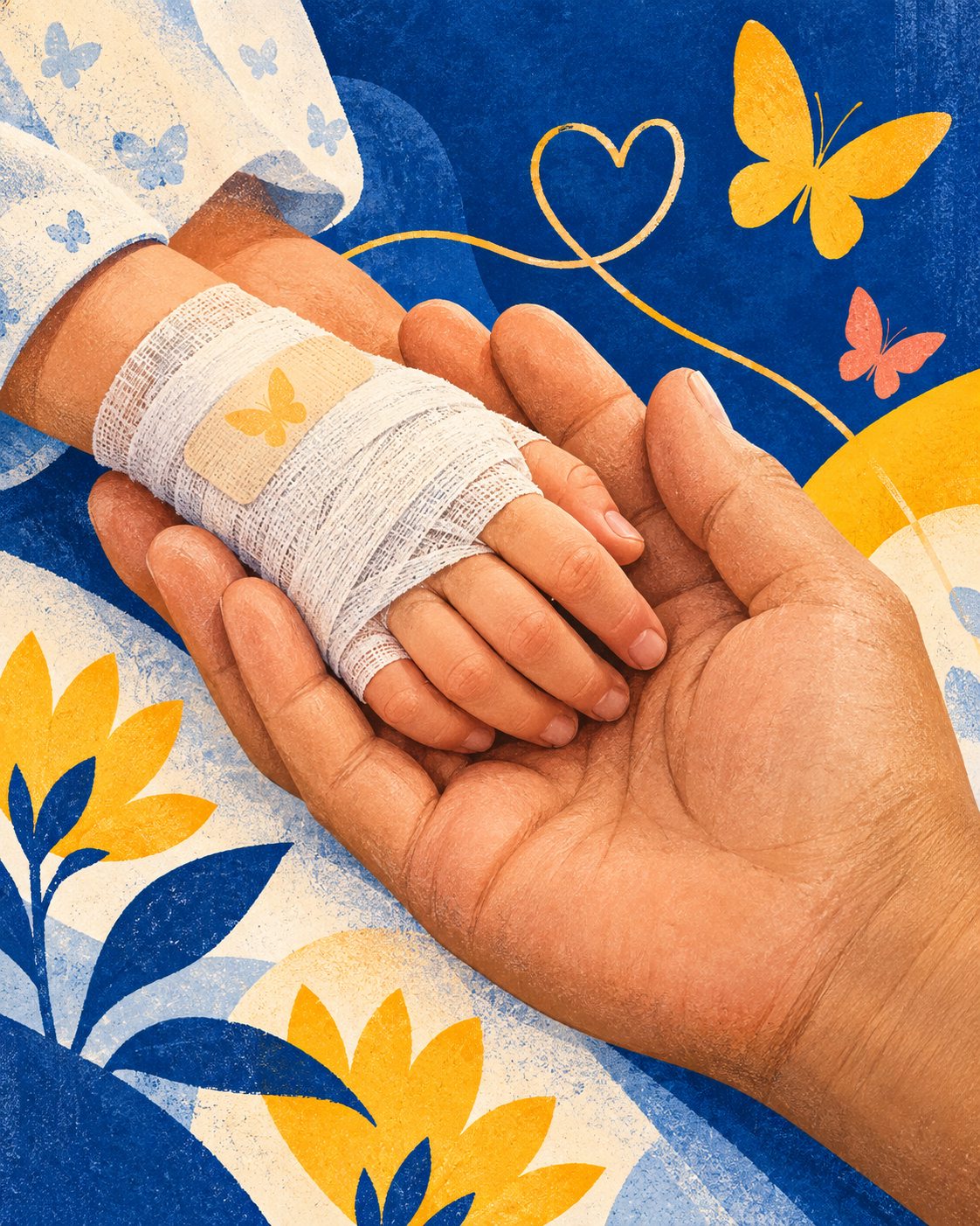 Ilustración simbólica de una mano infantil con vendajes sostenida con cuidado